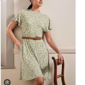 Boden‎ Penny UK 12 US 8 Green Floral Print Jersey Knit Dress with Pockets Casual